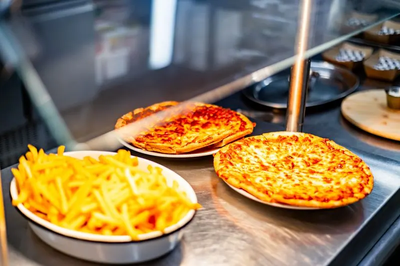 Fresh pizza and chips from the café kitchen